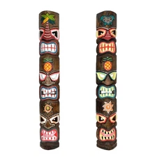 Set of 2 Triple-Faced Tiki Wall Sculptures – Palm Tree, Sun & Sea Turtle Designs