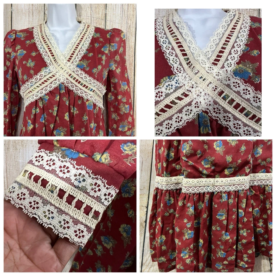 Maxi Vestido Pradera Años 70 De Colección XS Borgoña Floral Crochet Encaje Lazo Espalda Cottagecore Foto 2 de 4