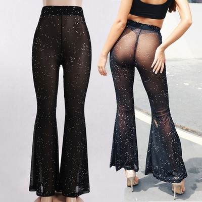 Women's SEXY Rave Outfit Festival Dance Clubwear Bell Bottom Mesh Sheer Pants