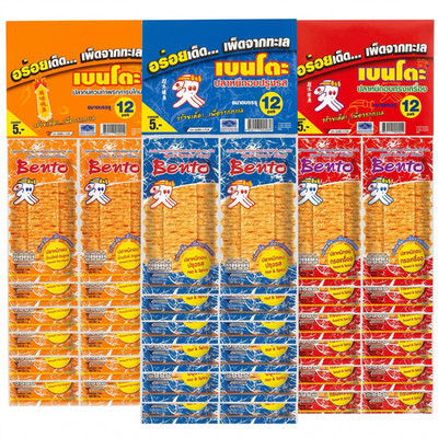 Bento Squid Snack Sweet & Spicy Flavor (12 Bags) Thai Seafood Snack Chewy Crispy