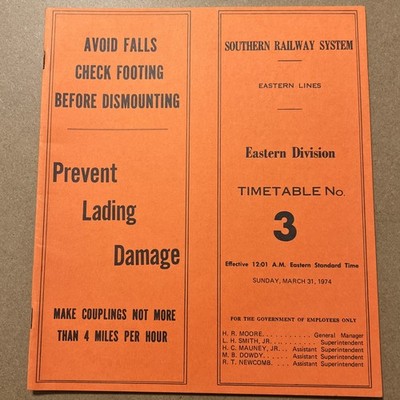 Southern Railway System Timetable #3 Eastern Division 1974 Eastern Lines