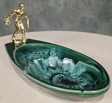 Vintage Bowling Trophy Ashtray Mid Century Green Drip Glaze Ceramic Ashtray USA