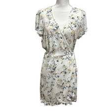 Abercrombie Women Wrap Dress L Ivory Blue Yellow Floral Ruffle Hem Tie Waist