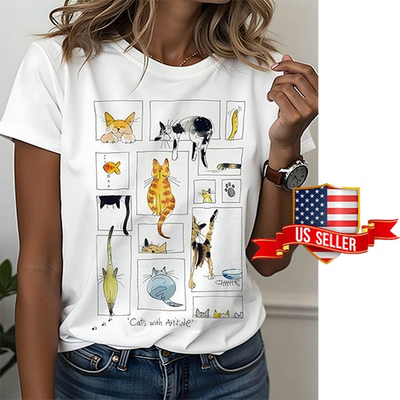 #ad Women Cat Graffiti Cotton T Shirt Short Sleeve Top Casual Tunic Tee USA SELLER $12.49