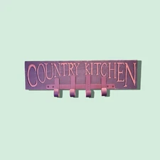 Green Rusted Wood Texture "Country Kitchen" Hangable Sign with 4 Hanging Hooks