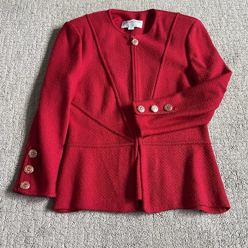 Vintage St. John Damen Tweed Jacke Gr. 2 rot durchgehender Reißverschluss Blazer Goldknöpfe gebraucht, in einwandfreiem Zustand - Bild 6 von 9
