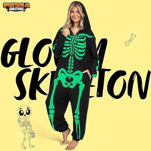 Adult Skeleton Costumes for Women Glow in the Dark Jumpsuit Pajama Zip-Up Hooded - Picture 2 of 6