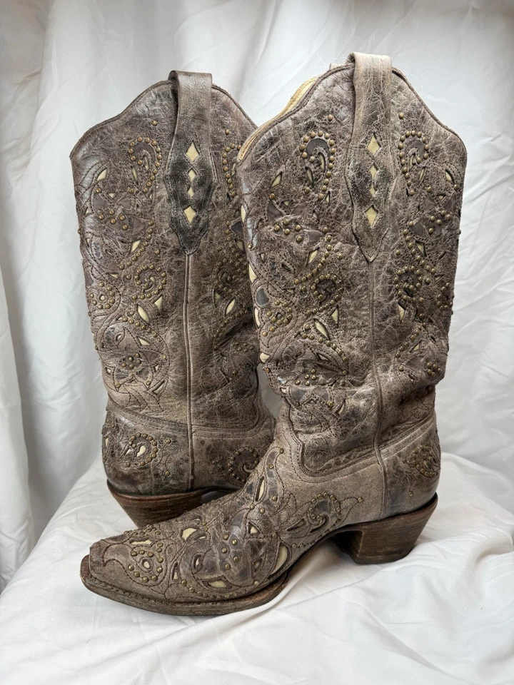 CORRAL Bronze Leather Bone Inlay Studded Western Cowboy Boots A1098 WOMENS 9.5M - Image 2 of 4
