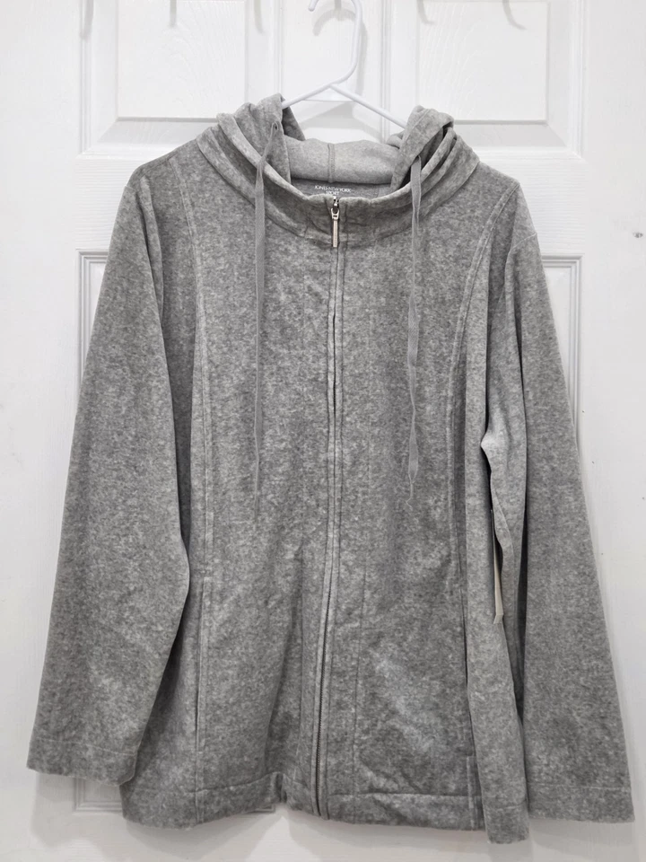 Jones New York Y2K Deportivo Gris Terciopelo Cremallera Sudadera con Capucha Chaqueta de Pista Sudadera Talla 1X Foto 3 de 4