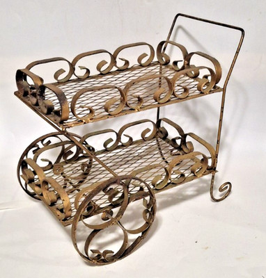 Vintage Wrought Iron Cart Hollywood Regency 1970's Nick Nack Stand 12''x10.5''x7.5