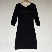 Bebe Logo Spellout Sweater Dress Size Large Black Gold Bodycon Stretch Y2K Cozy