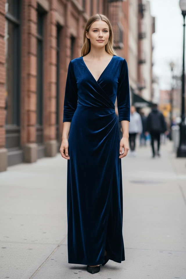 Alex Evenings Party Navy Blue Velvet Ruched Maxi Dress Gown 12P Mother Of Bride - Image 2 of 4
