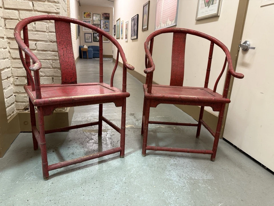 Vintage Chinese Ming Style Horseshoe Chairs w Red Paint - Image 2 of 4