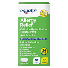 Equate 24 Hour Cetirizine Hydrochloride Allergy Relief Tablets, 10 Mg, 90 Count