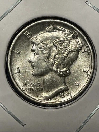 1941 P - Silver Winged (Mercury) Dime - very, very lightly circulated, AU+
