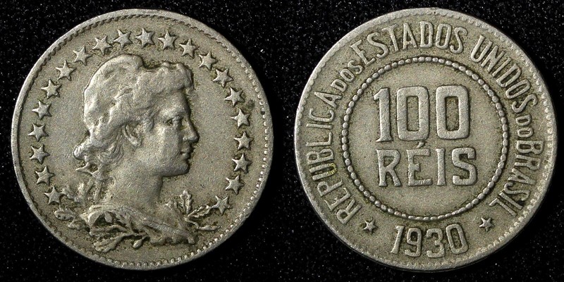 BRAZIL Copper-Nickel 1930 100 Reis Rio de Janeiro Mint VF  KM# 518 (27 783)