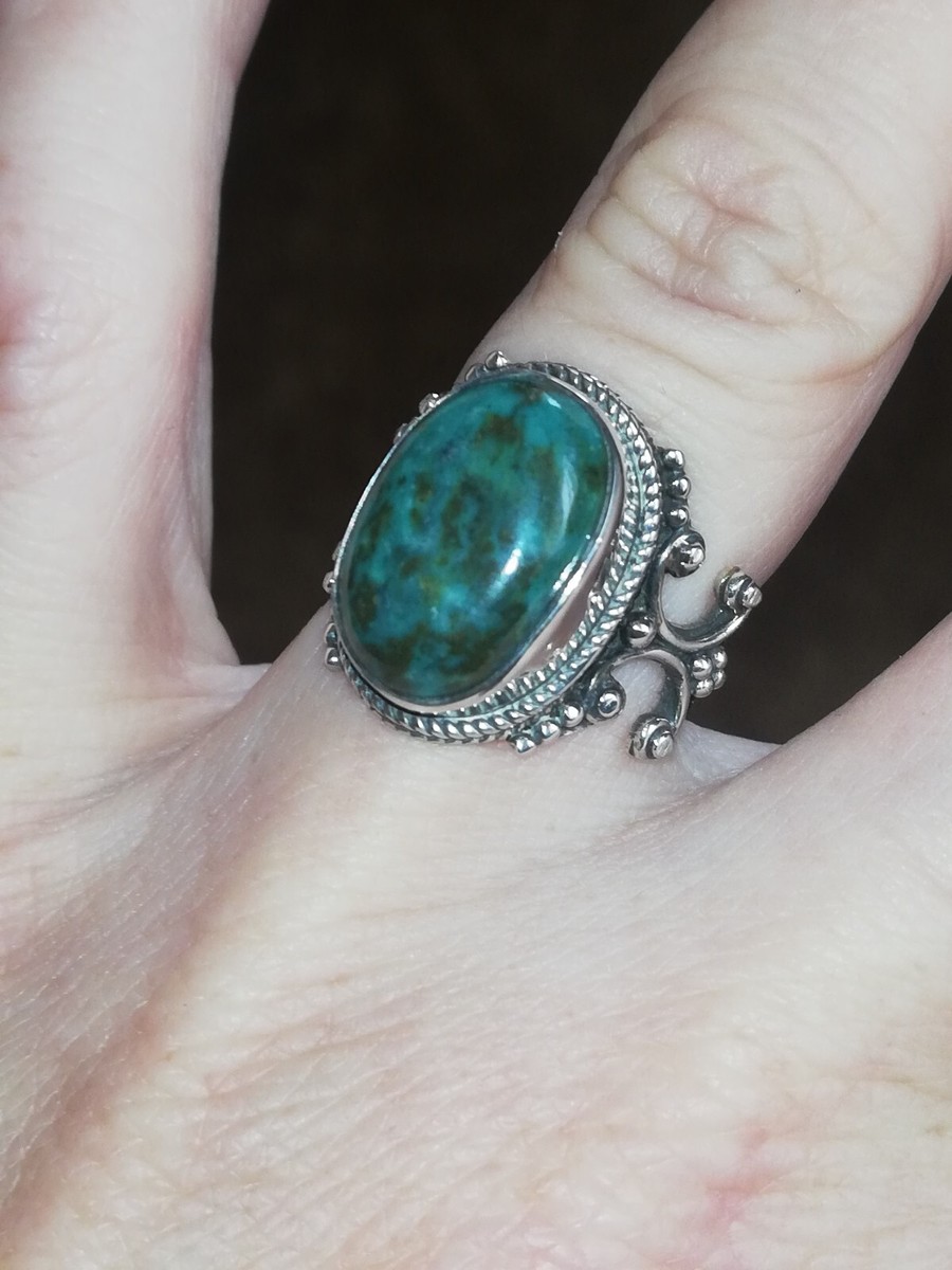 Bague Ancienne En Argent 925 - Taille 52, Avec Onyx Noir Et Turquoise - Occasion, Poinçonnée