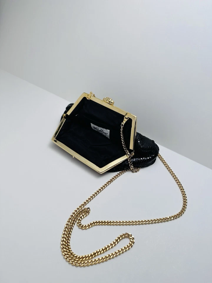 Cartera sin asas de noche Whiting & Davis vintage de malla negra con correa chapada en oro Foto 3 de 4