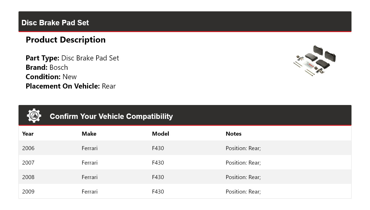 For 2006-2009 Ferrari F430 Bosch Semi-Metallic Brake Pads with Hdw Rear 2007