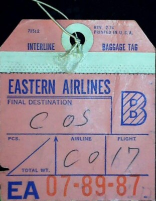 Eastern Airlines Baggage Tag Stub COS Colorado Springs Travel Ephemera 7/89/1987