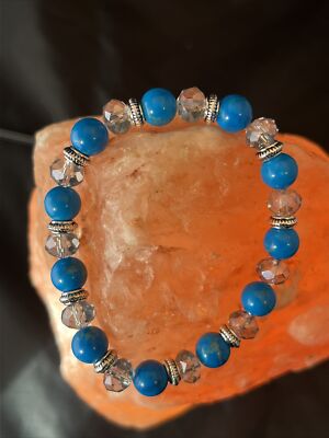 Sz. 7 Chakra Stones Turquoise & Crystal Beads W Silver Spacers Bracelet (112)