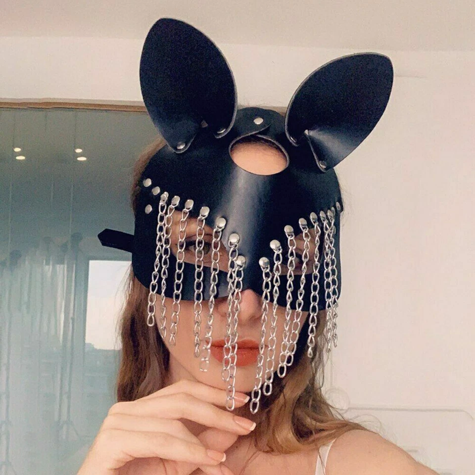 Mujeres Punk Cosplay Máscara de Zorro Sexy Máscara Facial de Cuero PU con Cadena Mascarada Fiesta Foto 4 de 4