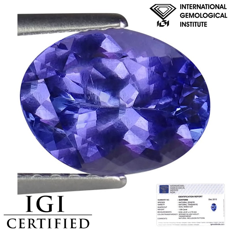 1.99 Ct IGI Certified AA Natural D Block Tanzanite Blue Violet Color Oval Cut