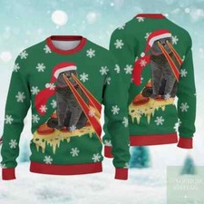 Pizza Cat With Laser Eyes Ugly Christmas Sweater, Cat Ugly Sweater Xmas Gift