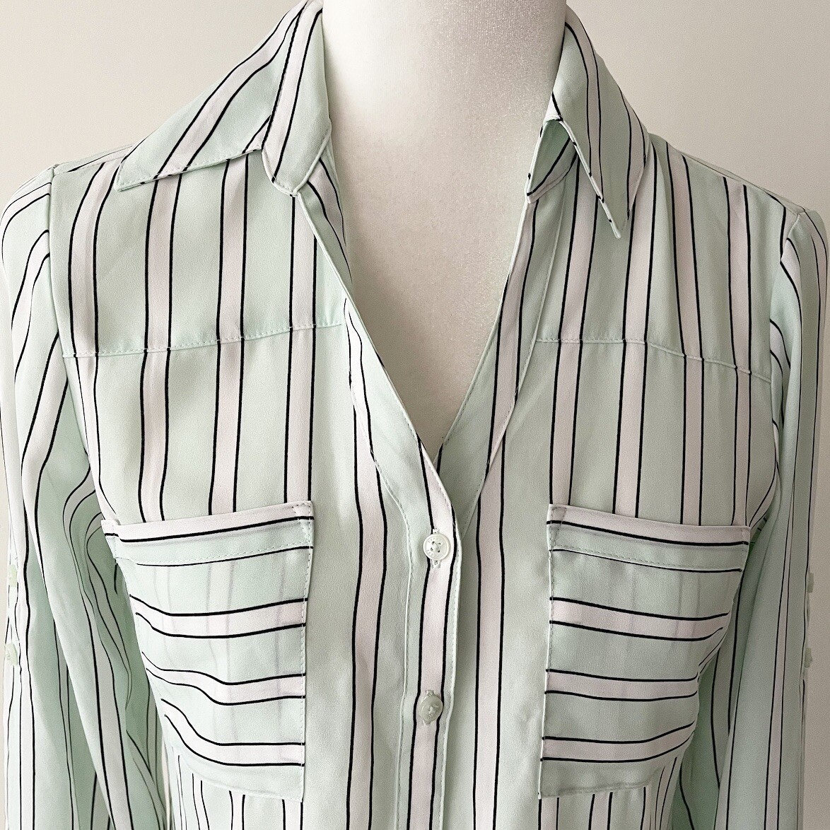 Express | Mint Striped Button Down Roll Tab Porto… - image 2