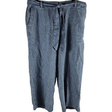 TALBOTS Linen Blend Cropped Pants Wide Leg Chambray Tie Belt Pockets Sz 14