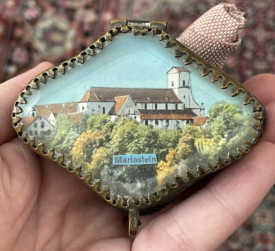 Antique Reverse Painted Souvenir Beveled Crystal Jewelry Trinket Box Castle