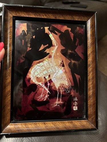 2 Vintage Rare Mother of Pearl Etched Japanese Heron Birds Art Pictures 7”x 5.5” - Picture 11 of 16