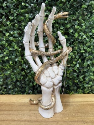 NWT! 10  Halloween Skeleton Hand with Gold Serpentine Snake Home Decor Spooky!