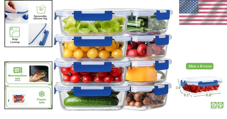 8 Pack 36oz Glass Meal Prep Containers - Leak Proof Lids - Image 2 of 4