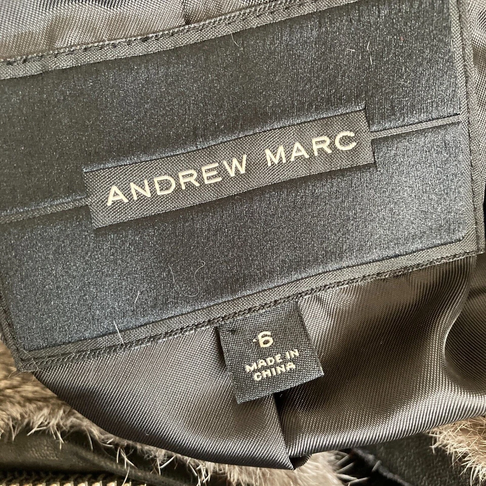 Abrigo Andrew Marc Mara Lana Cachemira Piel de Conejo Borde Cuero Negro Foto 4 de 4