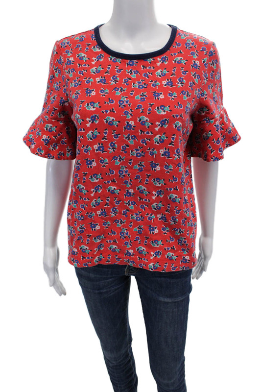 Draper James Womens Cotton Floral Print Crew Neck Tee Top Bright Red Size M