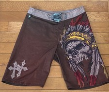 Affliction Shorts Men's 34 Brown Boardshorts Skull Headdress Graphic Surf Swim