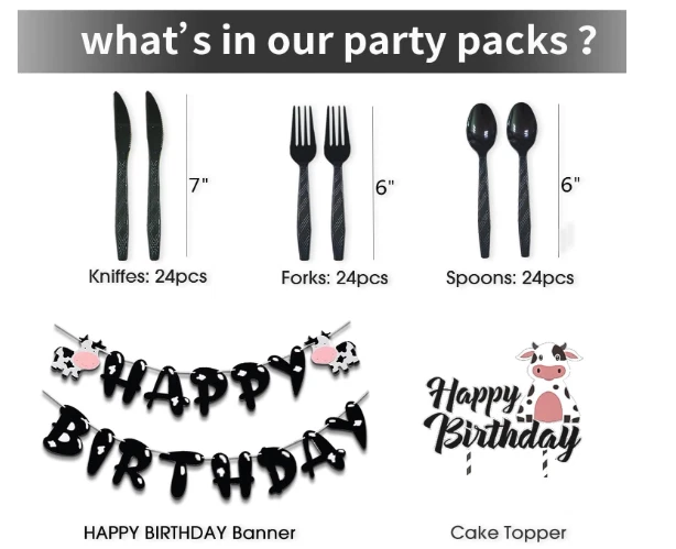 Товары для вечеринки на день рождения коровы: тарелки, чашки, салфетки, столовые приборы, баннеры для 24 - Изображение 3 из 4