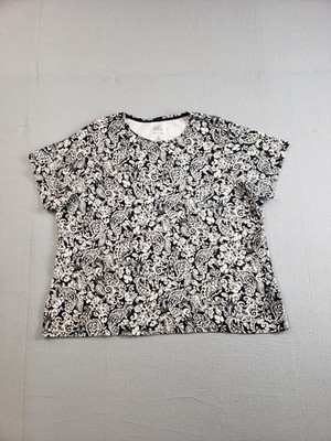Croft & Barrow Women Blouse Top 1X Black White Paisley Print Classic Tee Cotton