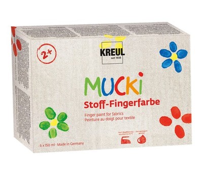 28420 Mucki Stoff Fingerfarbe 6 x 150 ml Weiß Gelb Rot Grün Blau Violett