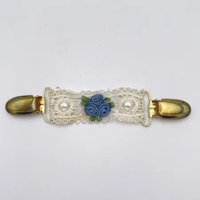 Vintage Lace Sweater Clip Blue Ribbon Roses Faux Pearls Gold Tone Cardigan Guard