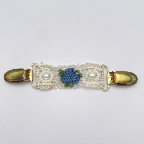 Vintage Lace Sweater Clip Blue Ribbon Roses Faux Pearls Gold Tone Cardigan Guard
