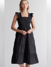 New Quince size L Black Smocked cotton poplin Tiered Midi nap Dress Ruffle