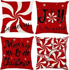 Christmas Candy Pillow Covers, 18x18 Set of 4 Red White Christmas Throw