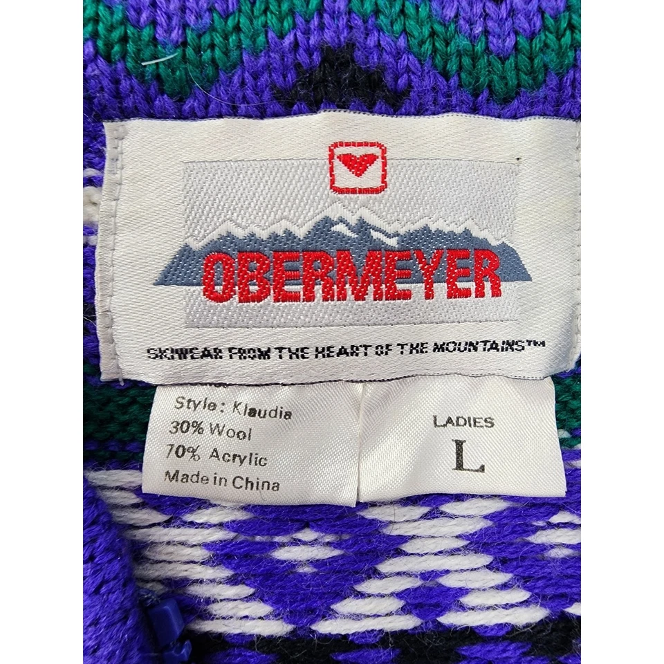 Cárdigan vintage Obermeyer Kladia mezcla de lana Fair Isle cremallera completa talla L púrpura Foto 3 de 4