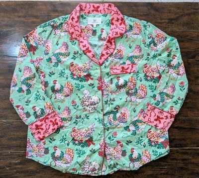 Printfresh Organic Cotton Pajama Top L Large Festive Holiday Hen Chicken Green