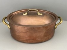 Vtg French Small Copper 8 Oval Roast Pan Pot Casserole Tin Lined Brass Handles