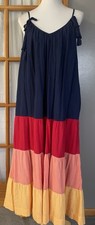 Y2K Tiered Slip Maxi Dress Sz L Red Yellow Striped Tassels Boho Beach Coastal