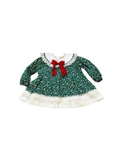 Vintage Girls Green White Floral Dress Lace Ruffle Bows Cottage Prairie Size 4