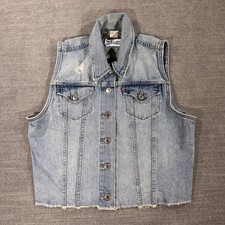 Levi's Denim Trucker Vest Women Large Light Blue Good Distressed Raw Hem